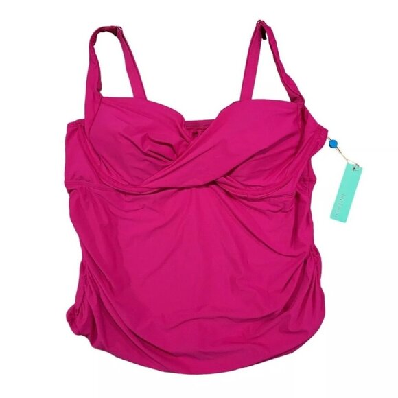 Birdsong Plus Size 20W Hibiscus Shirred Ruched Underwire Tankini Swim Top Pink‎ - Picture 5 of 12